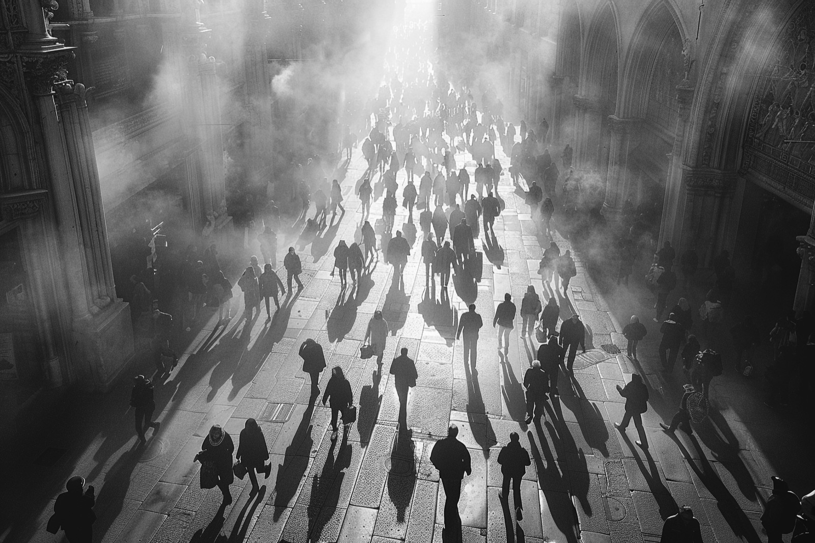 Passants dans une rue, photo en noir et blanc